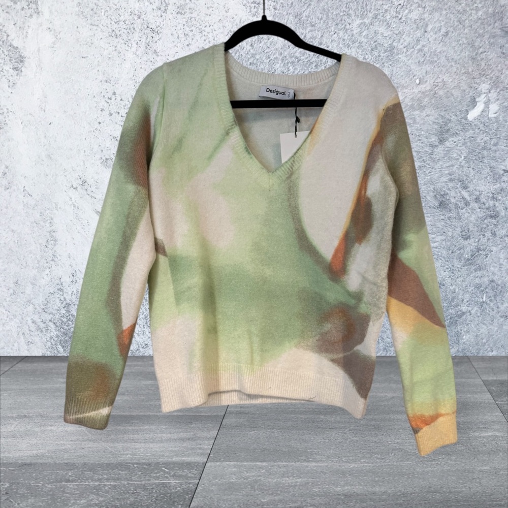 Desigual Abstract Green and White V-Neck Sweater - Picture 3 of 6